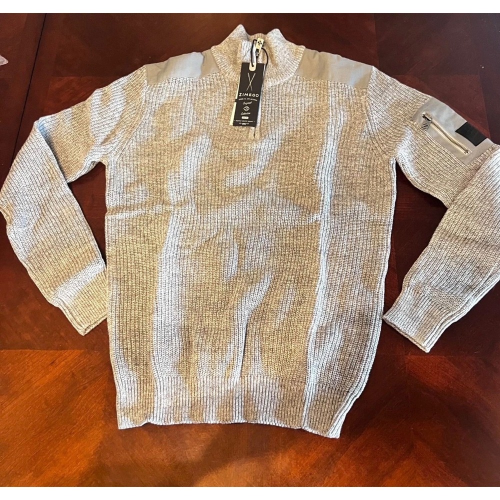 Zimego Mens Quarter Zip Ribbed Knit Cotton Sweater Grey Tactical small